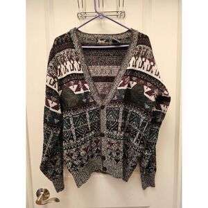 Impact Sweater Cardigan Medium 80s 90s Dad Retro Geometric Knit Leather Pockets